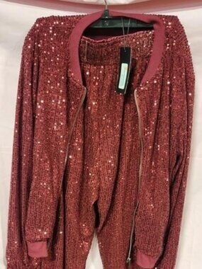 W.A.Y. BURGUNDY SEQUINED JOGGER JACKET and PANTS SET - LARGE - BURGUNDY